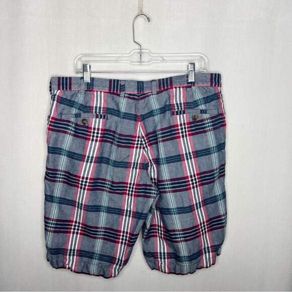 BROOKS BROTHERS / blue red white plaid linen blend shorts / 36 - Picture 2 of 6